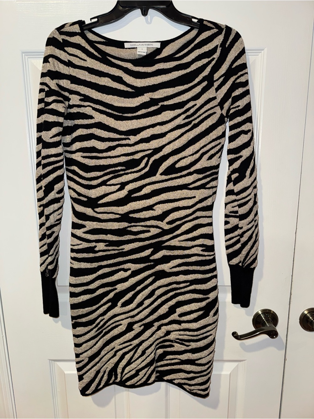 Diane Von Furstenberg Black & Cream Zebra-Print Long Sleeve Dress